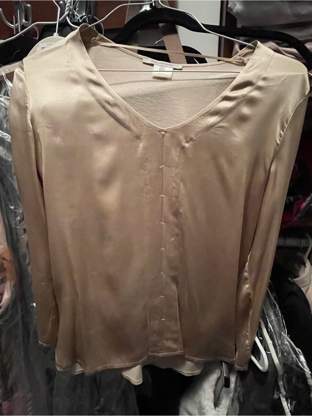 Gerard Darel Silk V-Neck Long Sleeve Blouse - Champagne Beige